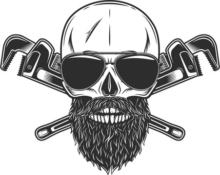 Skull in sunglasses with mustache and beard with construction wrench for gas and builder plumbing pipe or body shop mechanic spanner repair tool in monochrome style isolated vintage illustration