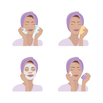 Set of 4 characters for beauty and skin care concept. Young woman washing face, moisturizing, applying mask and cream.
