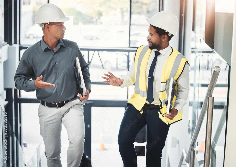 Poster engineer, architect and team talking and planning construction for project management. diversity men