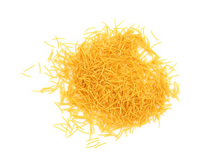 Heap of raw vermicelli pasta on white background