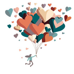 Ilustraci√≥n con fondo transparente de persona flotando con un racimo de globos en forma de coraz√≥nes multicolor.