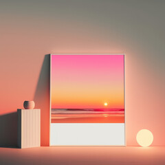 Frame poster mockup in home interior, glowing orange and pink sunset over a beach AI Generaion.