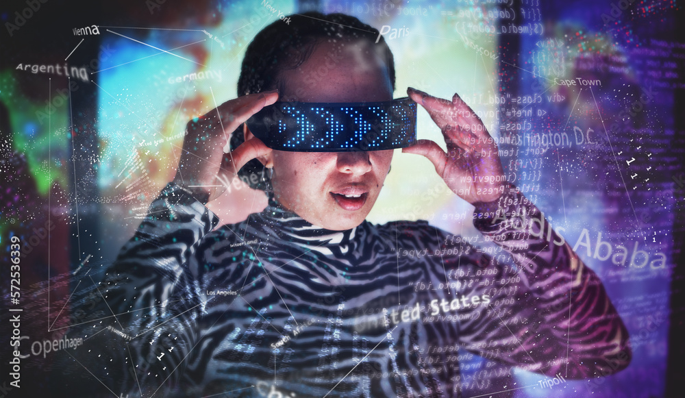 Aufkleber metaverse, overlay and woman with virtual reality glasses for global map and digital transformation.