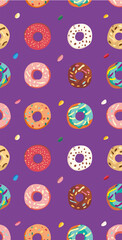Ilustración vertical de patrón de donas o rosquillas de distintos sabores y colores para diseño de comida.