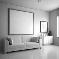 modern living room with sofa and blank frames