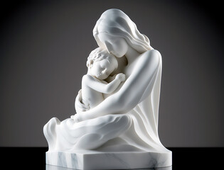 Marble statue of a mother holding her baby. Generative AI