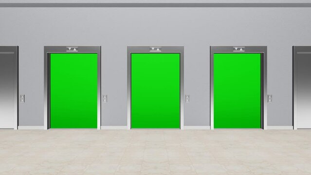 Animation of Multiple Modern Elevators opening in Hall to reveal green screen. Zoom out animation concept. 4K 3D animation