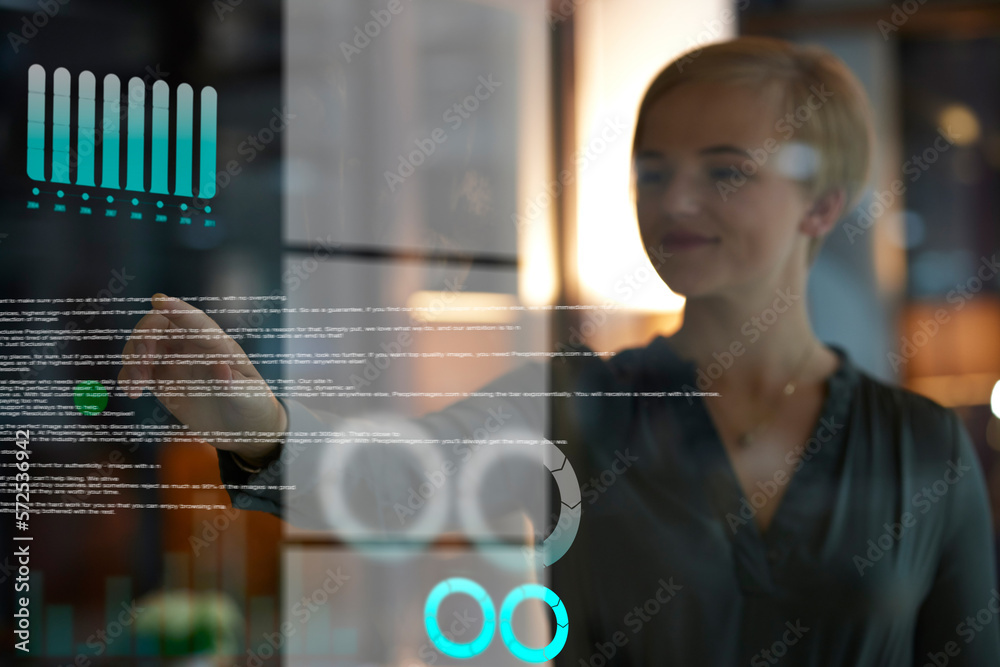 Aufkleber Digital, information and woman with a screen for coding, software and web design in a dark office. Cyber security, database and programmer typing on a hologram for website development late at night