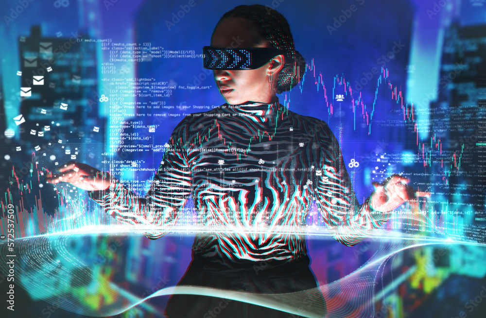 Poster metaverse, black woman and virtual reality glasses with overlay for digital transformation. person w
