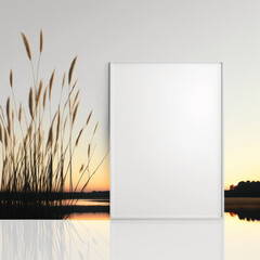 Mockup photo frame, sunrise sky above a lake of golden reeds AI Generaion