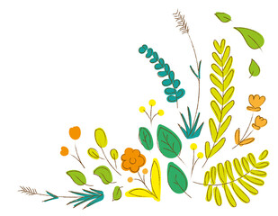 Ilustración con fondo transparente dibujo animado de hojas con colores otoñales para adorno de diseño de tarjetas. Esquinas decorativas.