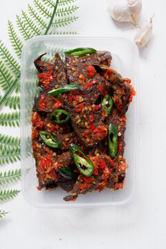Indonesian spicy paru balado close up with chili sambal south east asian traditional food