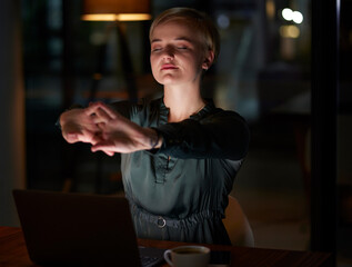 Woman stretching at her office desk for health, muscle wellness and calm night energy for work life balance. Young business worker, employee or person at workplace relax, healing and self care