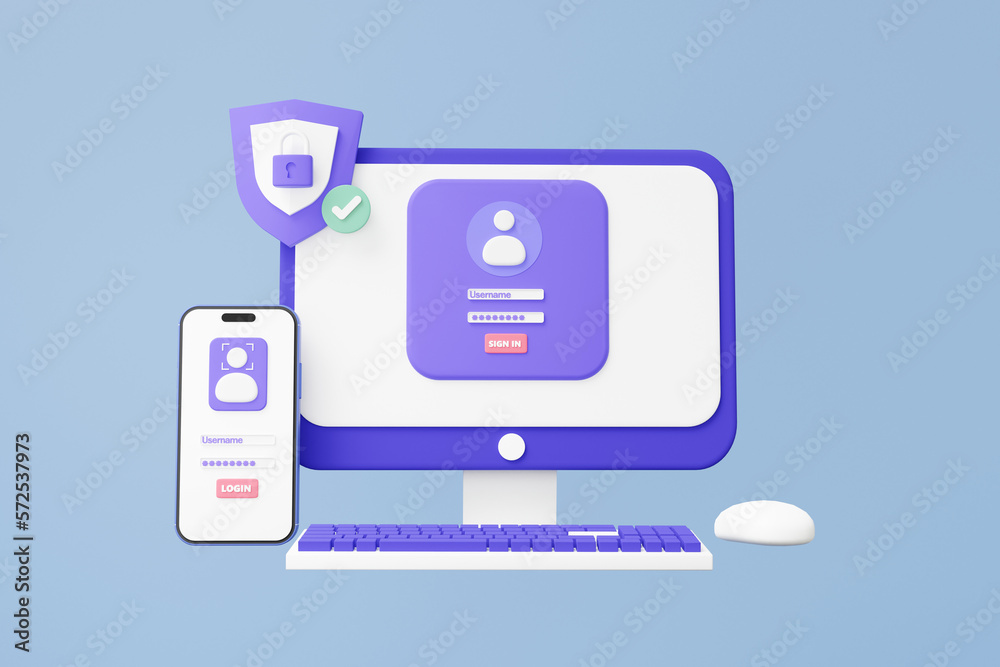 Poster 3d signin username password on computer laptop. scan face id unlock app verify identity concept. per