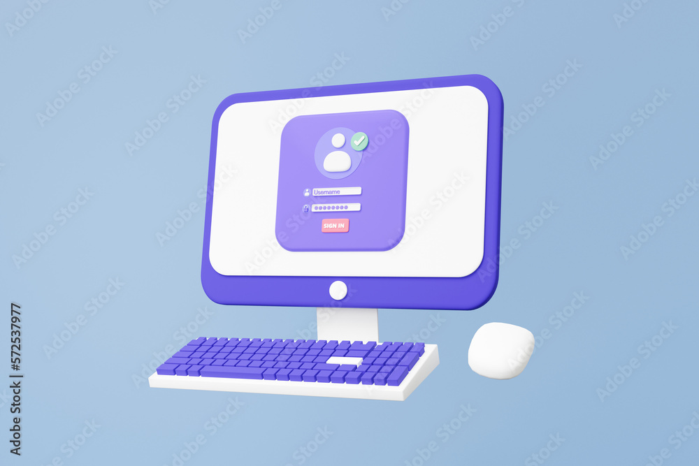 Poster 3d approved mark unlock app verify identity concept. signin username password on computer. personal 