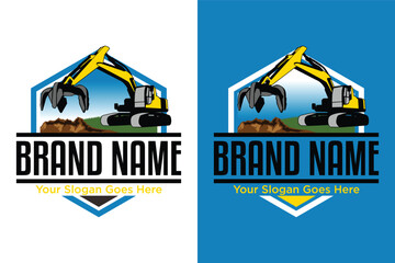 emblem Peel Grab soil claw Excavator heavy equipment illustration logo design - obrazy, fototapety, plakaty