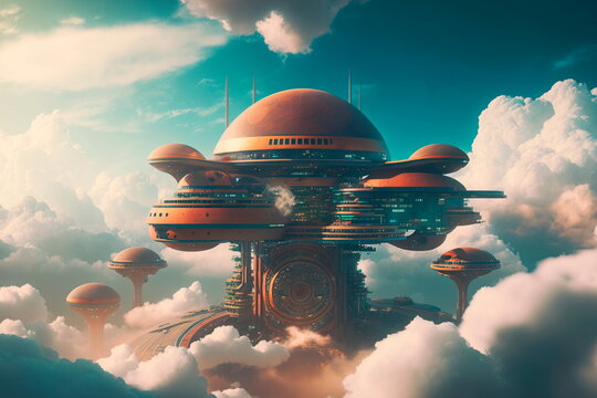 Futuristic sci-fi city in clouds future life concept.Generative AI