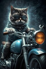 Gray Cat Riding A Classic Bike, Wearing Vintage Goggles, generative ai 
