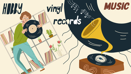 Collage on the theme of hobbies, leisure time listening to vinyl records, gramophone, vector illustration of cartoon characters, music, music lover.