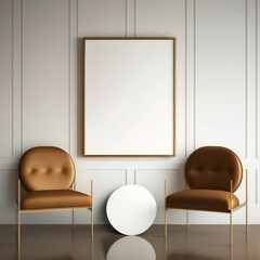 Frame poster mockup in home interior, brown leather chairs and gold mirrors AI Generaion.