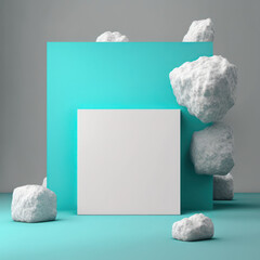Background for product presentation, turquoise clouds and granite cubes AI generation.