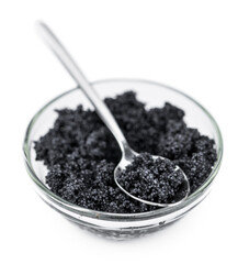 Fototapeta na wymiar Black Caviar on transparent background (selective focus; close-up shot)