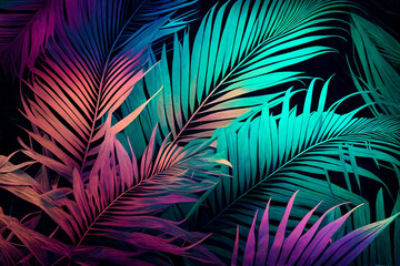 Tropical neon, iridescent, green palm leaves, floral pattern background illustration