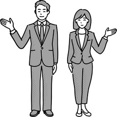 手を横に開いて案内をするスーツ姿の男女のイラスト　モノクロ全身