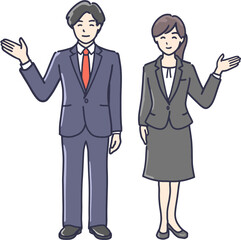 手を横に開いて案内をするスーツ姿の男女のイラスト　全身