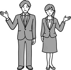 手を横に開いて案内をするスーツ姿の男女のイラスト　モノクロ全身