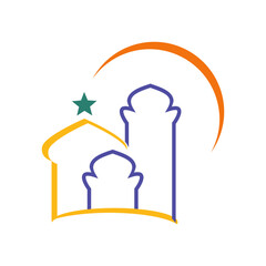 islamic emblem label for holiday event like ramadan, ied al fitr, ied al adha. islamic architecture elements of mosque minarets, domes, doors, crescents.