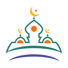 islamic emblem label for holiday event like ramadan, ied al fitr, ied al adha. islamic architecture elements of mosque minarets, domes, doors, crescents.