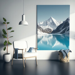 Frame poster mockup in home interior, majestic mountains and a sapphire lake, AI Generaion.
