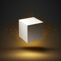 Abstract modern background, golden cube, floating in a starry sky. AI generation.