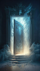 Door in the ice cave, Ice flower. Generative AI