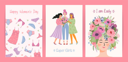 Cards with cute female illustrations. Vector set for Happy Womens Day, 8 march and other