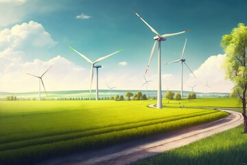 Wind turbines in the field, renewable energy. generate by AI - obrazy, fototapety, plakaty