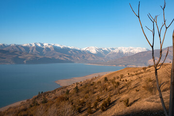 Charvak in Uzbekistan. Sunset in the mountains near the lake beautiful landscape. Beautiful places near Tashkent