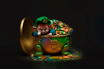 little leprechaun peeks out of the pot with rainbow coins Saint Patricks day concept