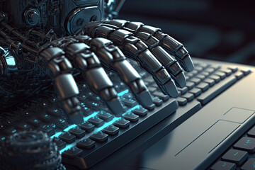robot hand presses keys on laptop keyboard. Generative AI