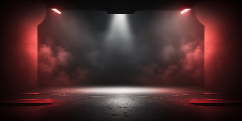 an empty dark scene with neon spotlights. studio room with smoke float up the interior texture for display products. The dark stage shows with red background. 