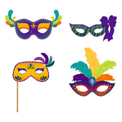 Set four colorful masks for Mardi Gras in flat style. Vector illustration. Traditional masquerade items. Fat tuesday. Greeting card, banner, poster.