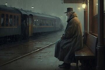 Old Setting: Man Waiting for Train in the Rain. A.I Art