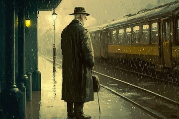 Man In RainCoat and Cane Waiting for Train in Rain