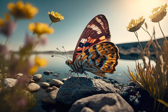 Fototapeta Beautiful butterfly surrounded by flowers side on rock and river background. Generative Ai