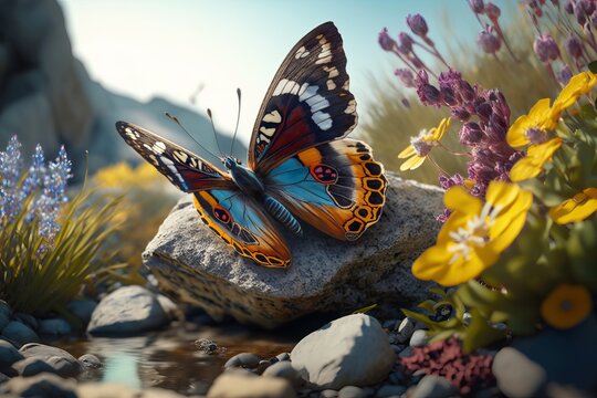 Fototapeta Beautiful butterfly surrounded by flowers side on rock and river background. Generative Ai