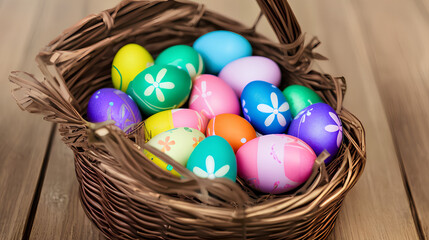 Fototapeta na wymiar Easter Eggs in basket / Egg / Ostern / Eastern / Copy Space - blank space