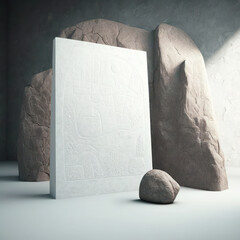 Wall poster mockup large, flat boulder with ancient carvings etched into its surface AI generation.