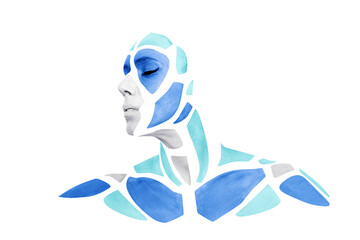 Portrait of person with creative art colored makeup posing in the studio. Shape of gray and blue...