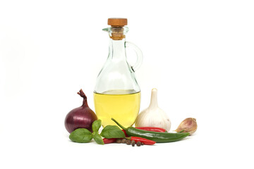 Oil in decanter, onion,peppers, basil and garlic